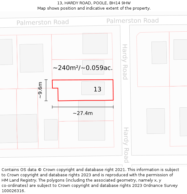 13, HARDY ROAD, POOLE, BH14 9HW: Plot and title map