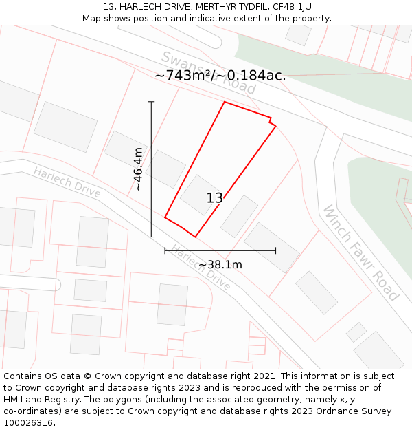 13, HARLECH DRIVE, MERTHYR TYDFIL, CF48 1JU: Plot and title map