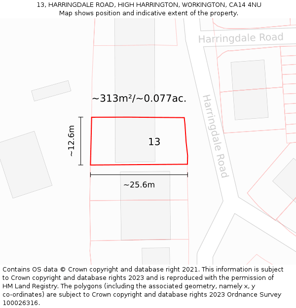 13, HARRINGDALE ROAD, HIGH HARRINGTON, WORKINGTON, CA14 4NU: Plot and title map