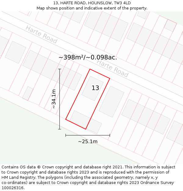 13, HARTE ROAD, HOUNSLOW, TW3 4LD: Plot and title map