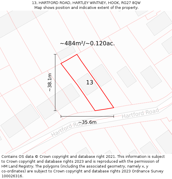 13, HARTFORD ROAD, HARTLEY WINTNEY, HOOK, RG27 8QW: Plot and title map