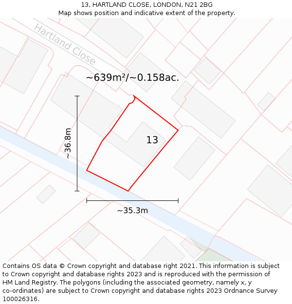 13, HARTLAND CLOSE, LONDON, N21 2BG: Plot and title map