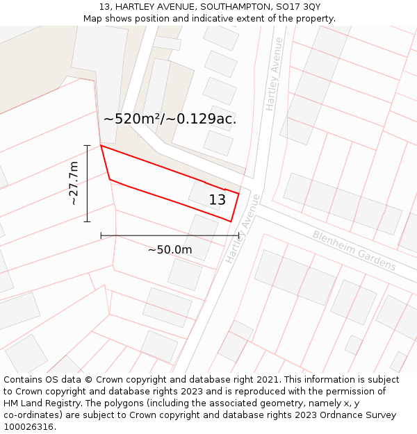 13, HARTLEY AVENUE, SOUTHAMPTON, SO17 3QY: Plot and title map