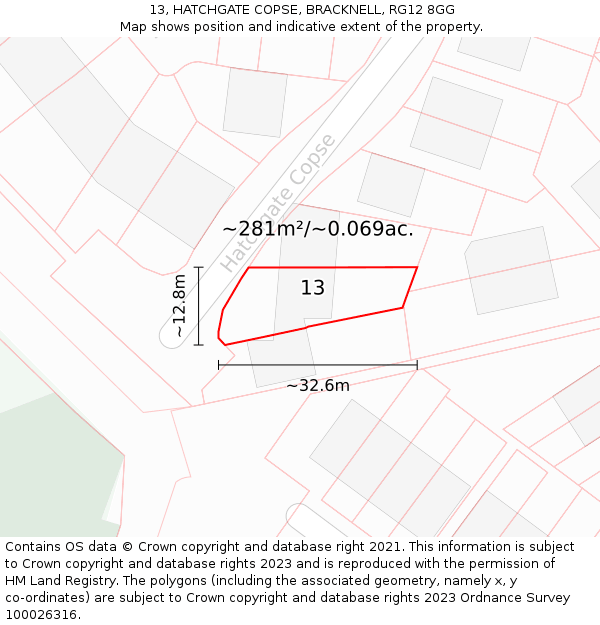 13, HATCHGATE COPSE, BRACKNELL, RG12 8GG: Plot and title map