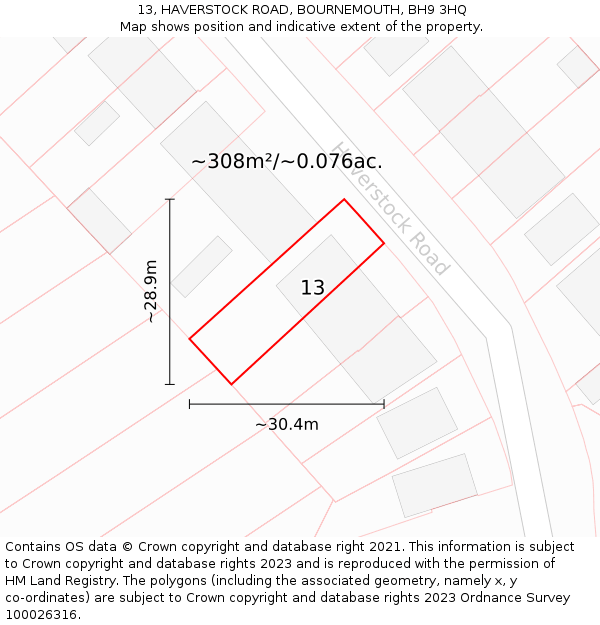 13, HAVERSTOCK ROAD, BOURNEMOUTH, BH9 3HQ: Plot and title map