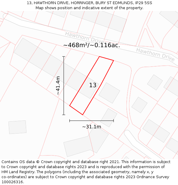 13, HAWTHORN DRIVE, HORRINGER, BURY ST EDMUNDS, IP29 5SS: Plot and title map