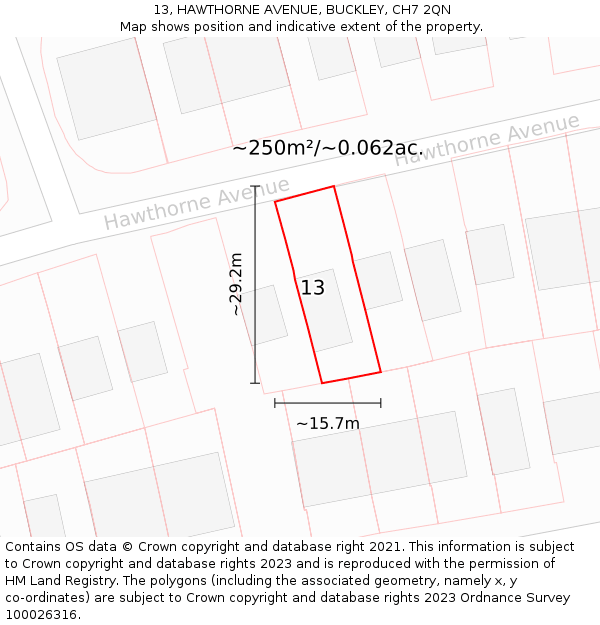 13, HAWTHORNE AVENUE, BUCKLEY, CH7 2QN: Plot and title map