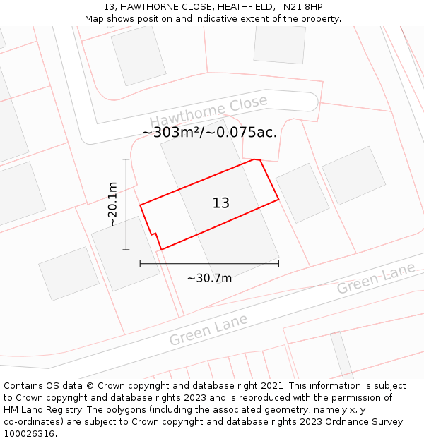 13, HAWTHORNE CLOSE, HEATHFIELD, TN21 8HP: Plot and title map