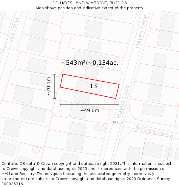 13, HAYES LANE, WIMBORNE, BH21 2JA: Plot and title map