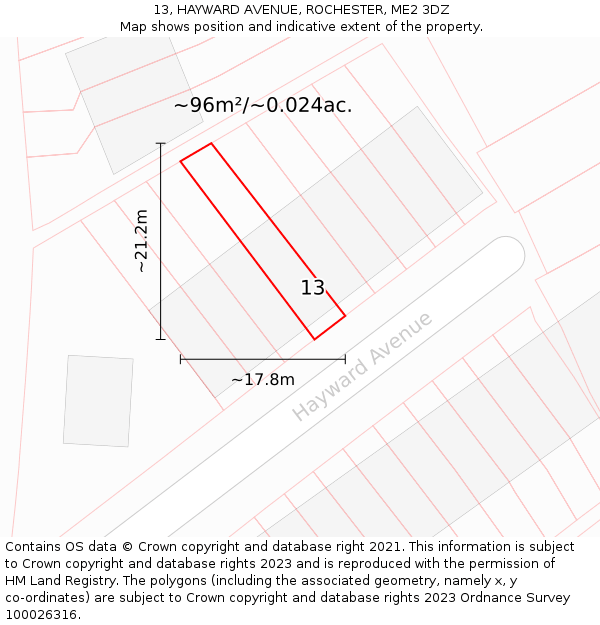 13, HAYWARD AVENUE, ROCHESTER, ME2 3DZ: Plot and title map