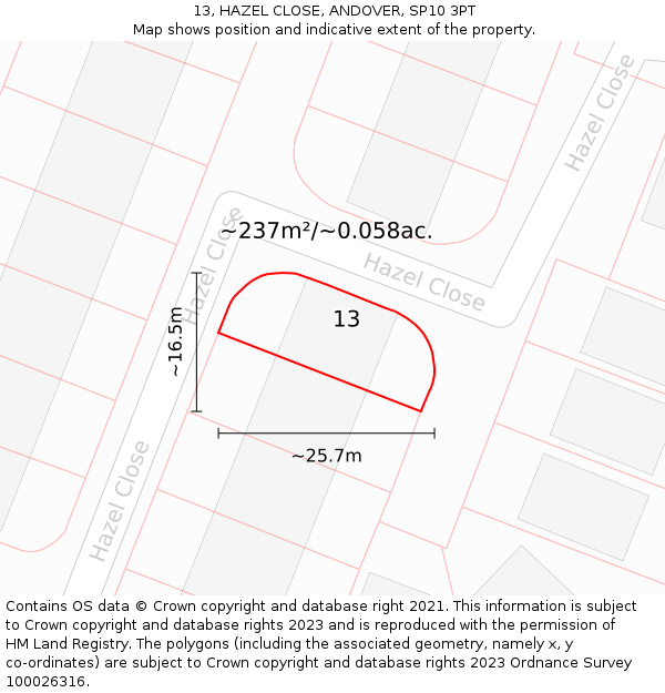 13, HAZEL CLOSE, ANDOVER, SP10 3PT: Plot and title map