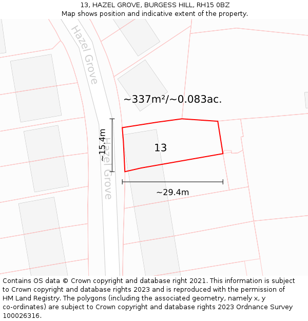 13, HAZEL GROVE, BURGESS HILL, RH15 0BZ: Plot and title map