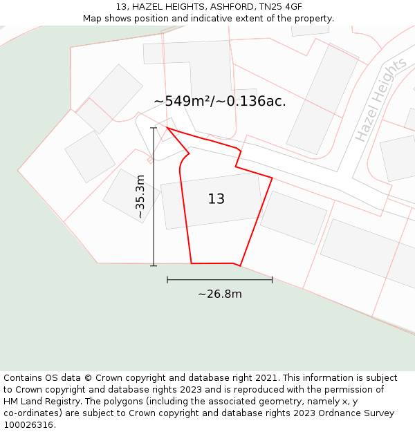 13, HAZEL HEIGHTS, ASHFORD, TN25 4GF: Plot and title map