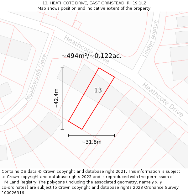 13, HEATHCOTE DRIVE, EAST GRINSTEAD, RH19 1LZ: Plot and title map