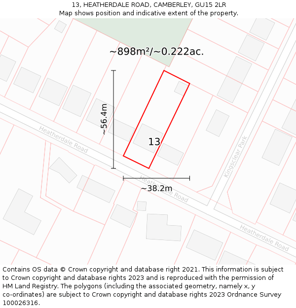 13, HEATHERDALE ROAD, CAMBERLEY, GU15 2LR: Plot and title map