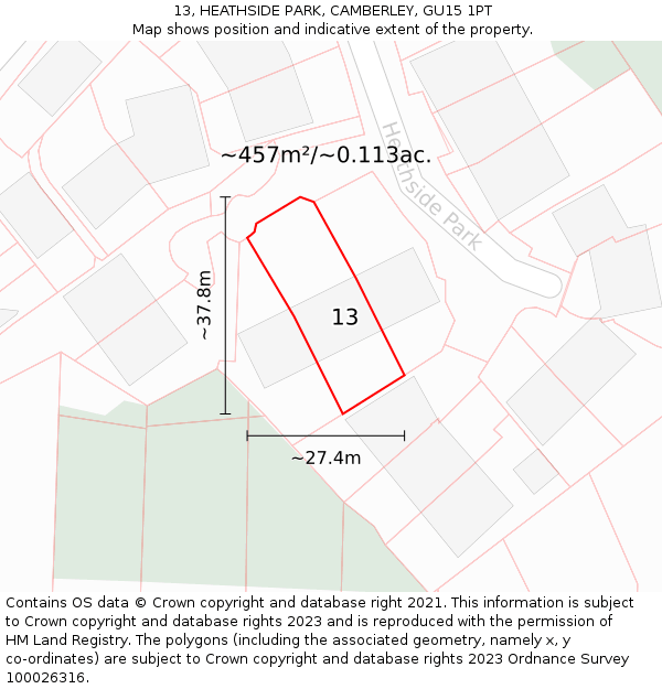 13, HEATHSIDE PARK, CAMBERLEY, GU15 1PT: Plot and title map