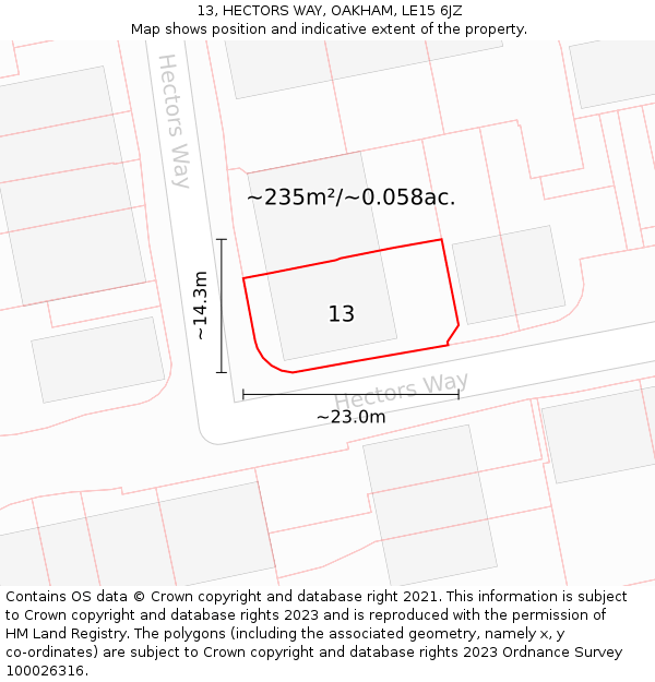 13, HECTORS WAY, OAKHAM, LE15 6JZ: Plot and title map