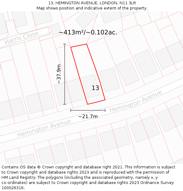 13, HEMINGTON AVENUE, LONDON, N11 3LR: Plot and title map