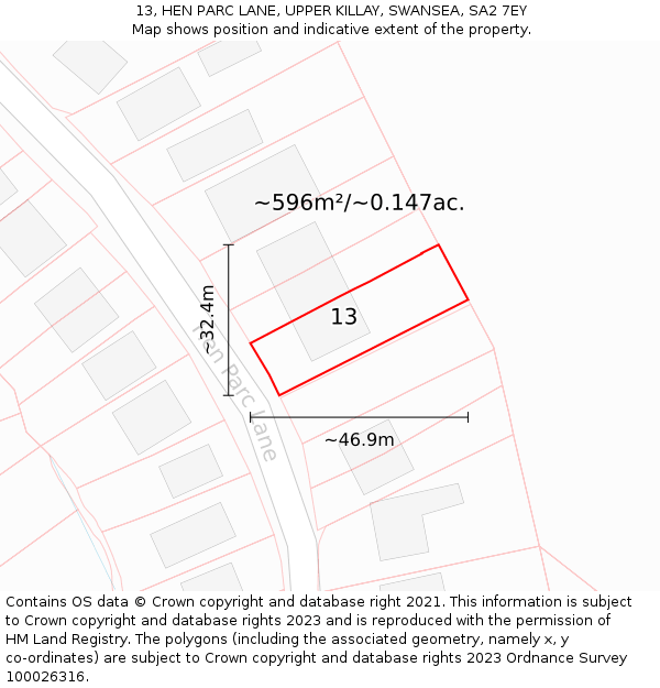 13, HEN PARC LANE, UPPER KILLAY, SWANSEA, SA2 7EY: Plot and title map