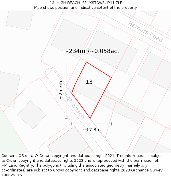 13, HIGH BEACH, FELIXSTOWE, IP11 7LE: Plot and title map