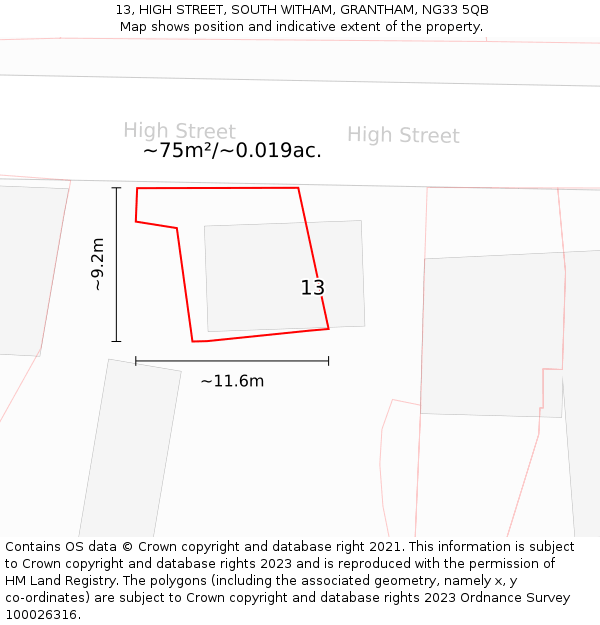 13, HIGH STREET, SOUTH WITHAM, GRANTHAM, NG33 5QB: Plot and title map