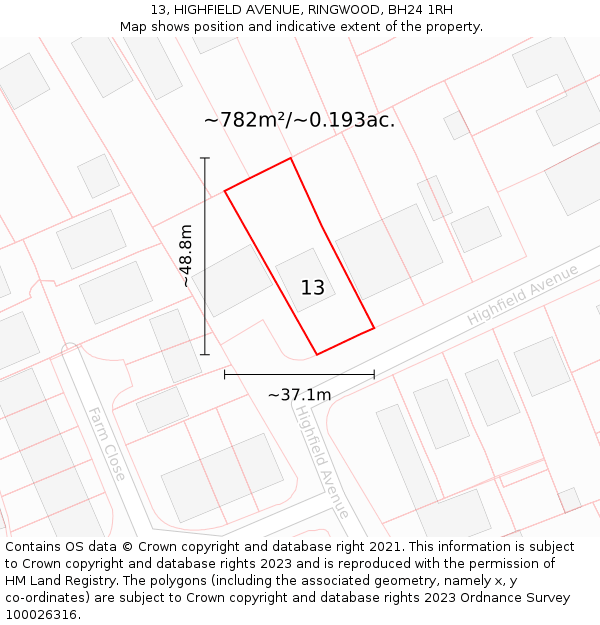 13, HIGHFIELD AVENUE, RINGWOOD, BH24 1RH: Plot and title map