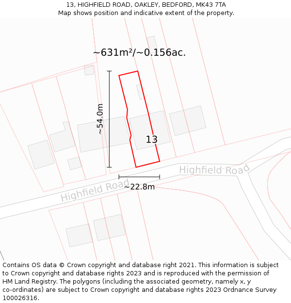 13, HIGHFIELD ROAD, OAKLEY, BEDFORD, MK43 7TA: Plot and title map