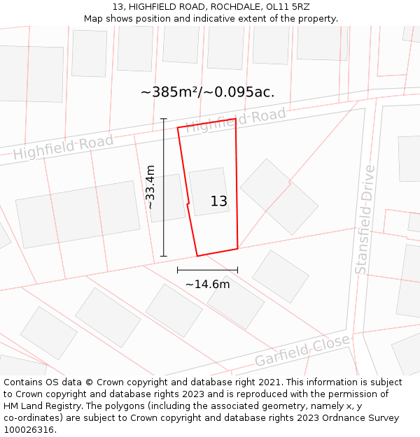 13, HIGHFIELD ROAD, ROCHDALE, OL11 5RZ: Plot and title map