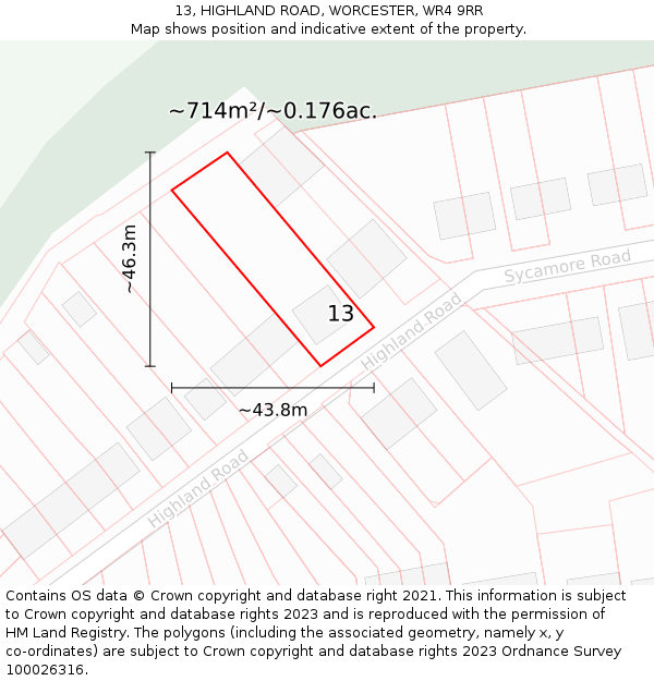 13, HIGHLAND ROAD, WORCESTER, WR4 9RR: Plot and title map