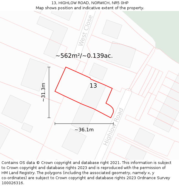 13, HIGHLOW ROAD, NORWICH, NR5 0HP: Plot and title map