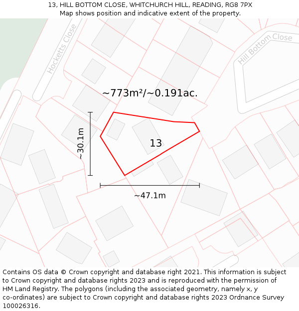 13, HILL BOTTOM CLOSE, WHITCHURCH HILL, READING, RG8 7PX: Plot and title map