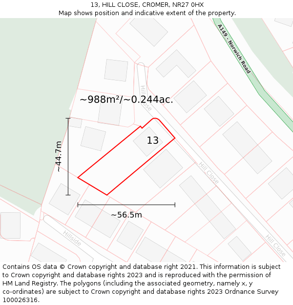 13, HILL CLOSE, CROMER, NR27 0HX: Plot and title map