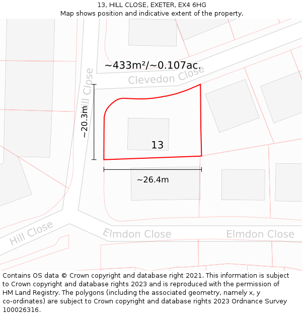 13, HILL CLOSE, EXETER, EX4 6HG: Plot and title map