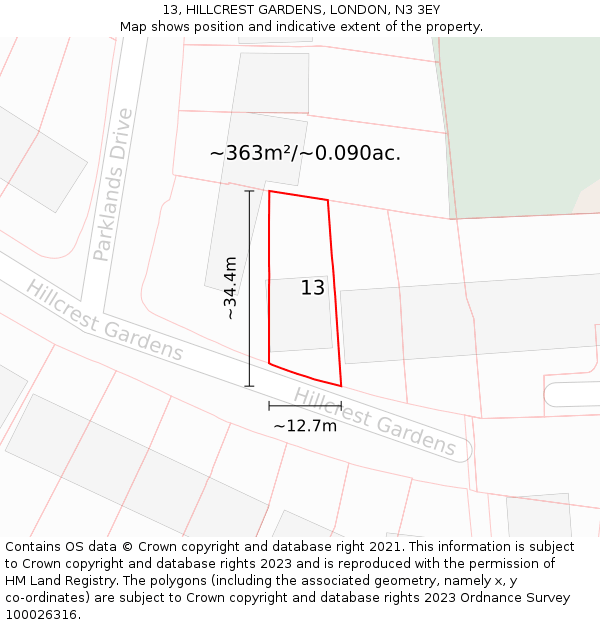13, HILLCREST GARDENS, LONDON, N3 3EY: Plot and title map