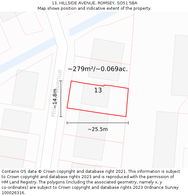 13, HILLSIDE AVENUE, ROMSEY, SO51 5BA: Plot and title map