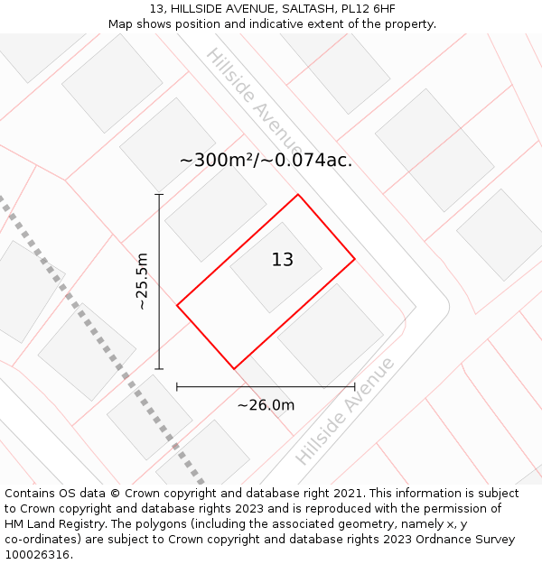 13, HILLSIDE AVENUE, SALTASH, PL12 6HF: Plot and title map