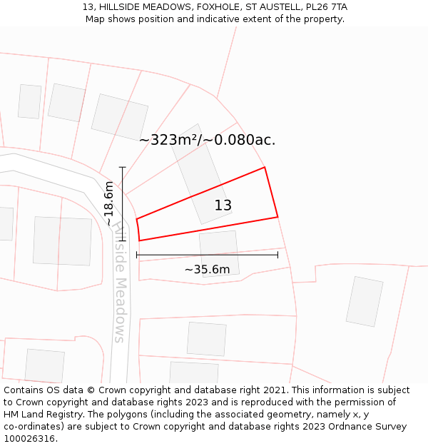 13, HILLSIDE MEADOWS, FOXHOLE, ST AUSTELL, PL26 7TA: Plot and title map