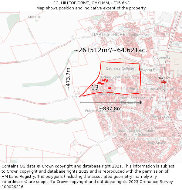 13, HILLTOP DRIVE, OAKHAM, LE15 6NF: Plot and title map