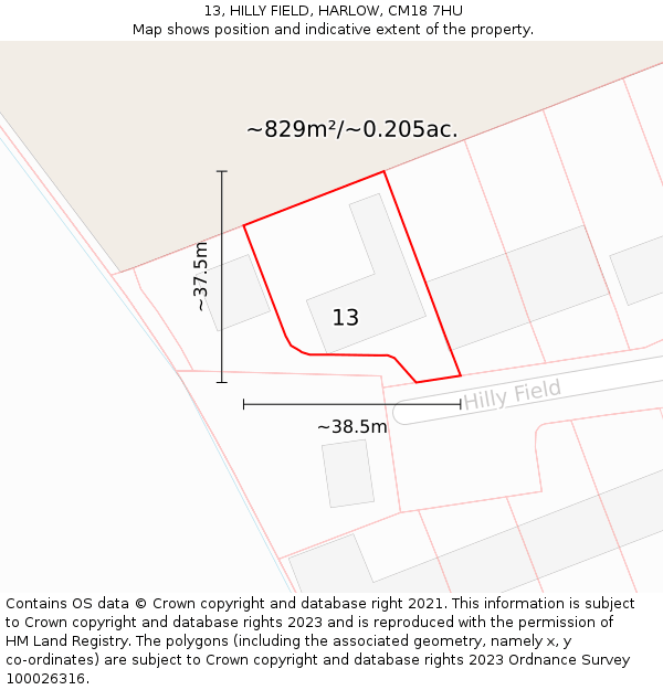 13, HILLY FIELD, HARLOW, CM18 7HU: Plot and title map