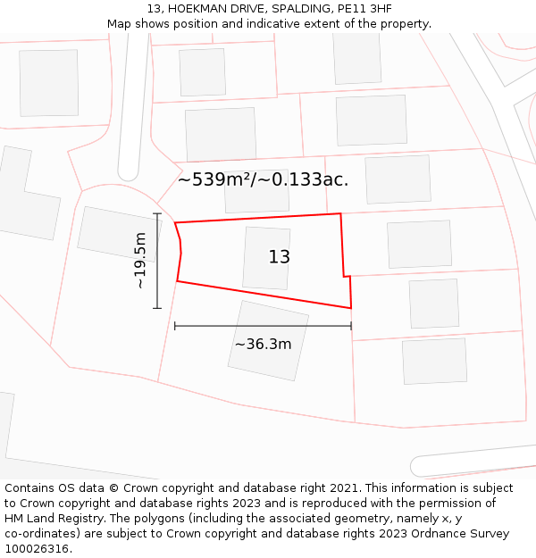 13, HOEKMAN DRIVE, SPALDING, PE11 3HF: Plot and title map