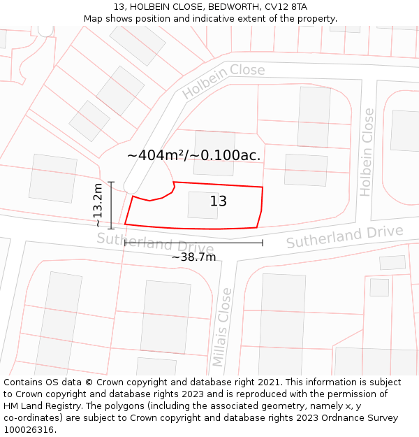 13, HOLBEIN CLOSE, BEDWORTH, CV12 8TA: Plot and title map