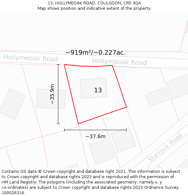 13, HOLLYMEOAK ROAD, COULSDON, CR5 3QA: Plot and title map