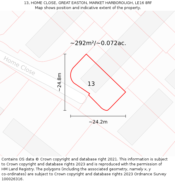 13, HOME CLOSE, GREAT EASTON, MARKET HARBOROUGH, LE16 8RF: Plot and title map