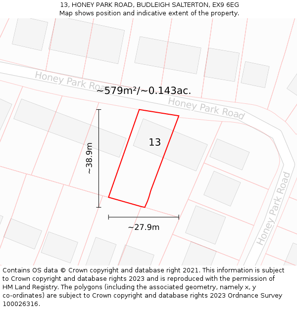 13, HONEY PARK ROAD, BUDLEIGH SALTERTON, EX9 6EG: Plot and title map