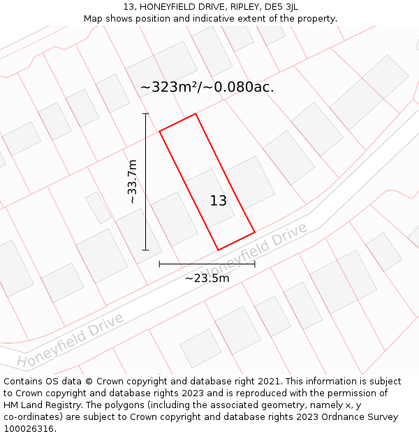 13, HONEYFIELD DRIVE, RIPLEY, DE5 3JL: Plot and title map