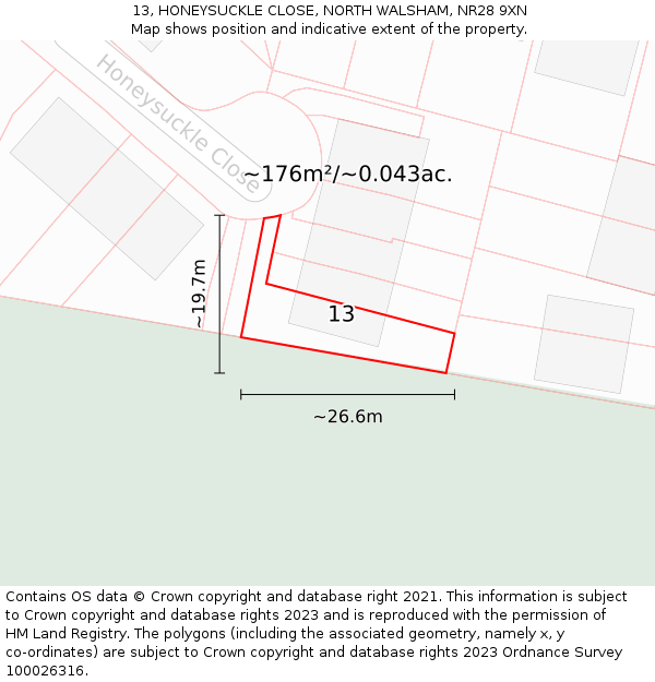13, HONEYSUCKLE CLOSE, NORTH WALSHAM, NR28 9XN: Plot and title map