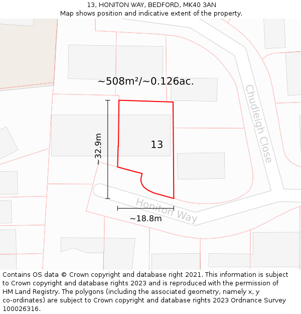 13, HONITON WAY, BEDFORD, MK40 3AN: Plot and title map