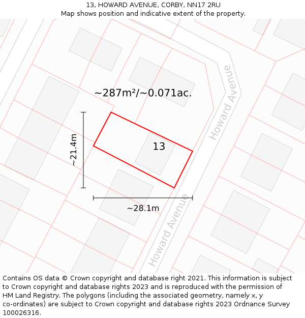 13, HOWARD AVENUE, CORBY, NN17 2RU: Plot and title map