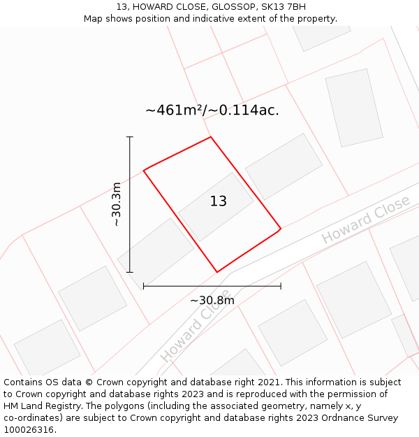 13, HOWARD CLOSE, GLOSSOP, SK13 7BH: Plot and title map