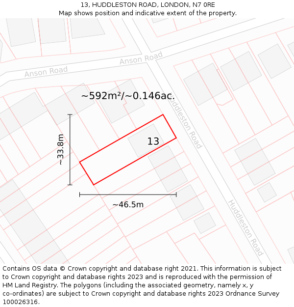 13, HUDDLESTON ROAD, LONDON, N7 0RE: Plot and title map